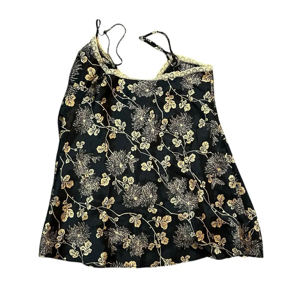 Y2K Victoria’s Secret Satin Floral Chemise Slip Black Gold Lace Trim Boudoir